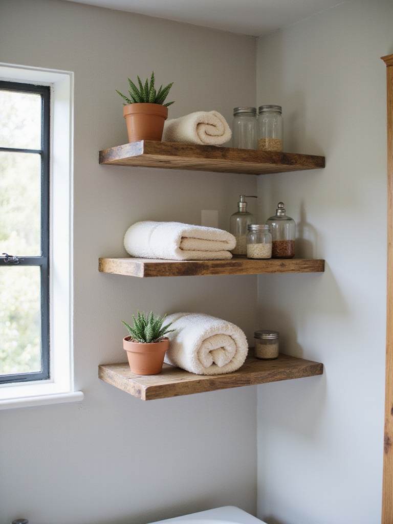 Rustic bathroom with open wood shelving displaying towels, plants, and apothecary jars