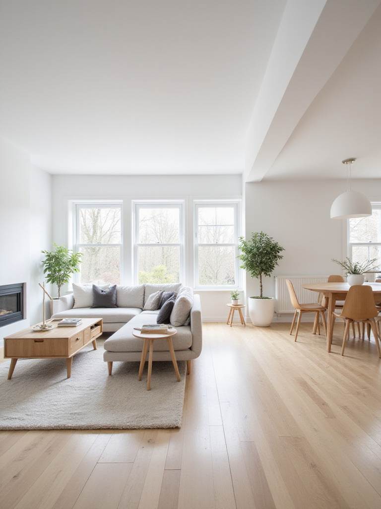 Bright and airy Scandinavian living room with open floor plan and minimalist furniture.
