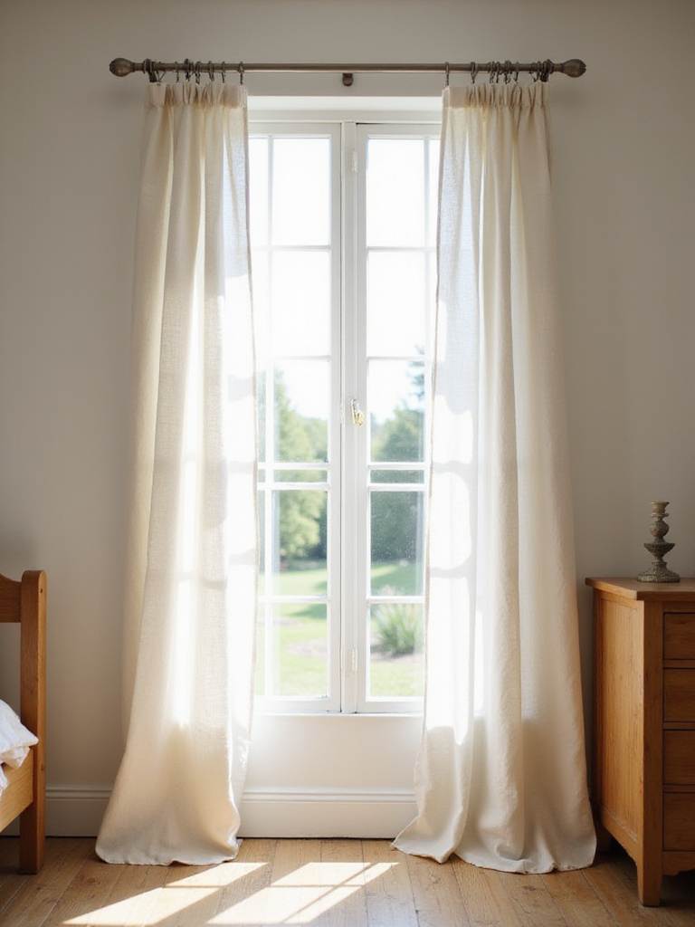 Farmhouse bedroom with light cream linen curtains filtering sunlight