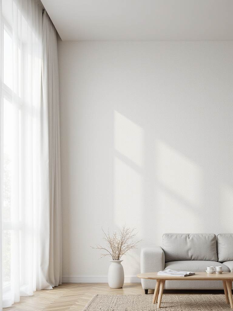 Minimalist living room featuring subtle linen textured wallpaper in off-white.
