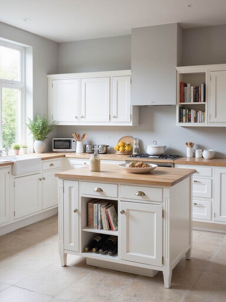 Small kitchen featuring a multi-functional kitchen island with built-in storage drawers, shelves, and wine rack.