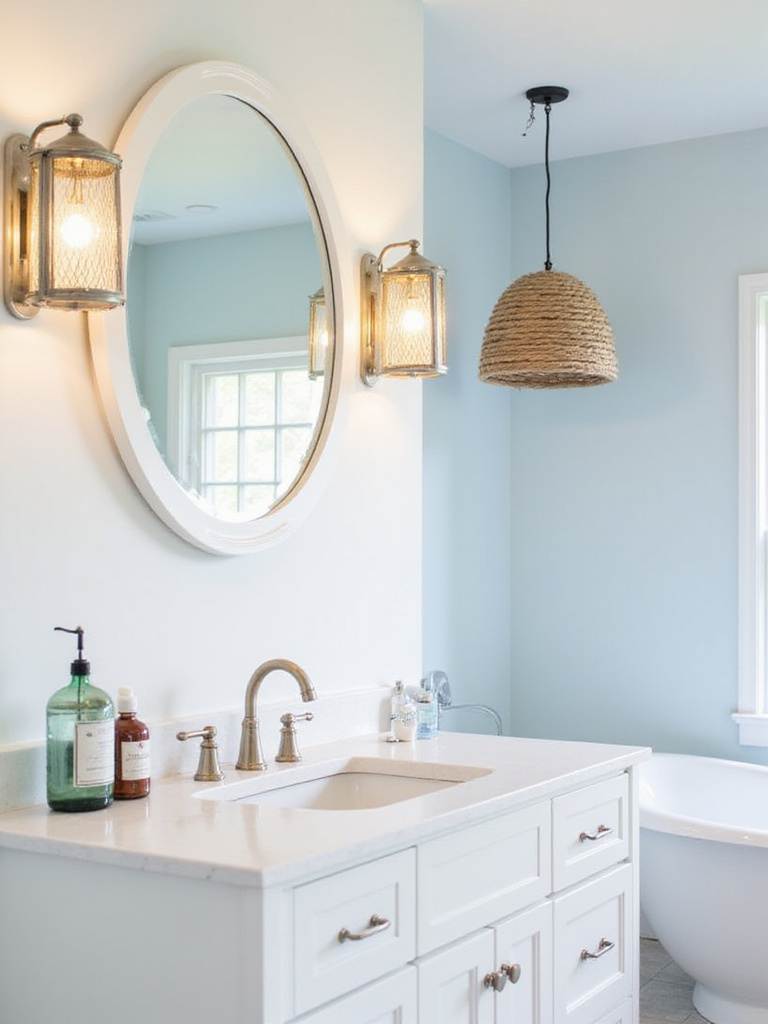 Coastal bathroom design featuring brushed nickel lantern sconces and a rope-wrapped pendant light.