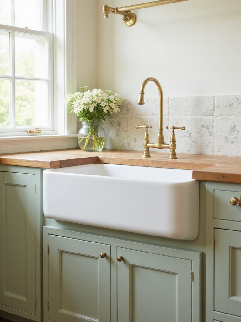 Cottage kitchen with white fireclay apron front sink and vintage brass faucet