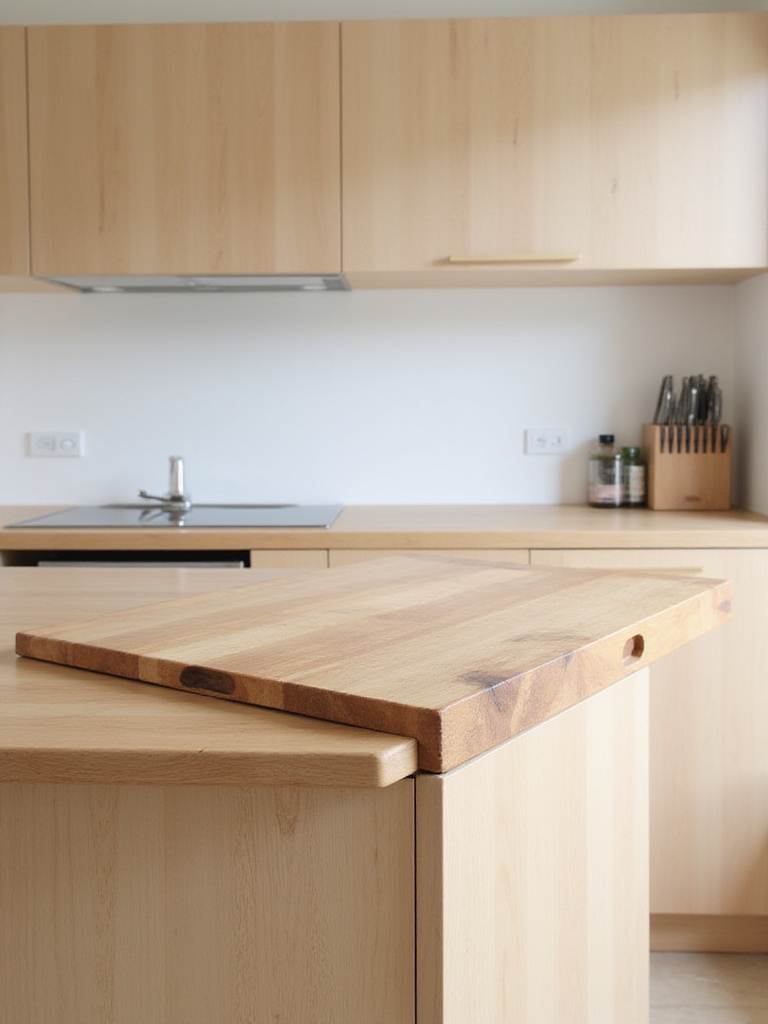 Modern kitchen with built-in cutting board and knife block to maximize countertop space