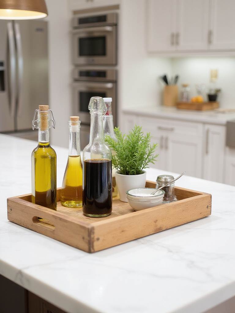 Decorative wooden tray on kitchen island with olive oil, vinegar, salt, pepper, and rosemary plant.