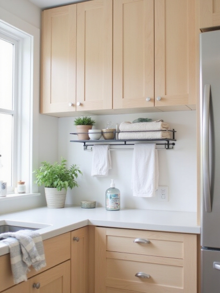 Modern kitchen with over-the-sink shelves holding dish soap, plant, and towels.