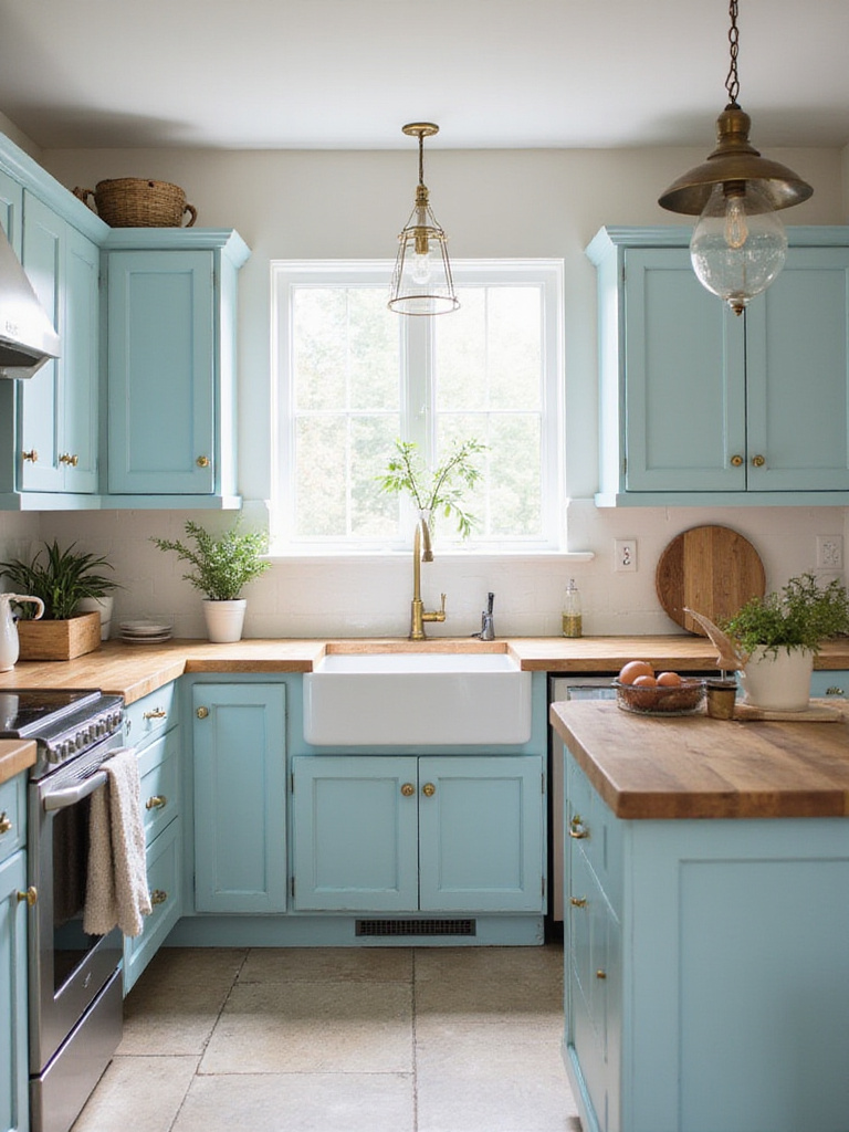 Cottage kitchen with pastel blue cabinets and butcher block countertops.