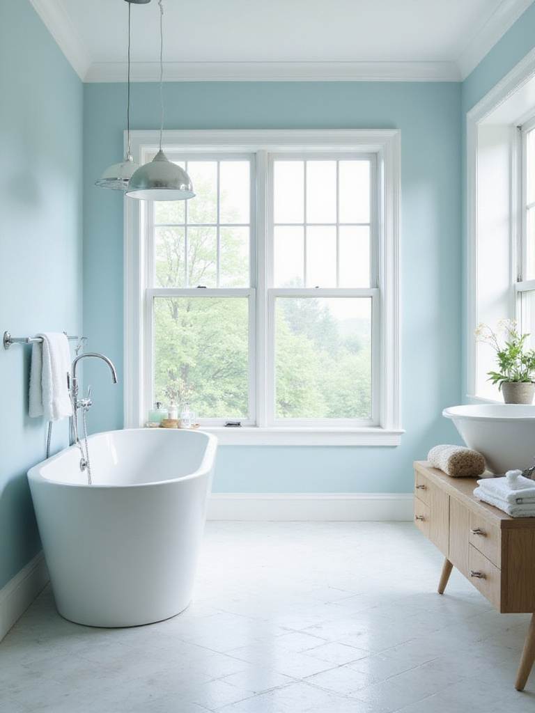 Calming bathroom with soft blue walls and natural light