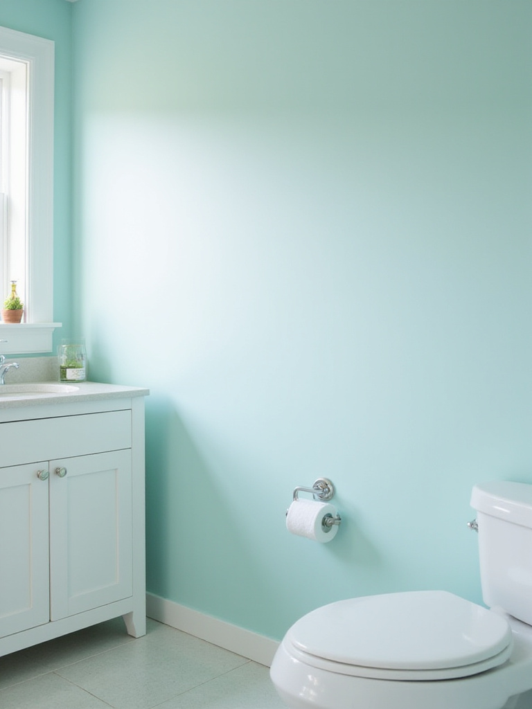 Freshly painted bathroom with light aqua walls and white vanity.
