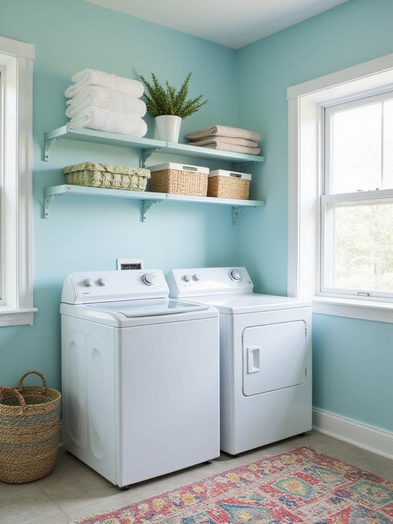 Bright and cheerful laundry room with pastel blue walls and colorful accents.