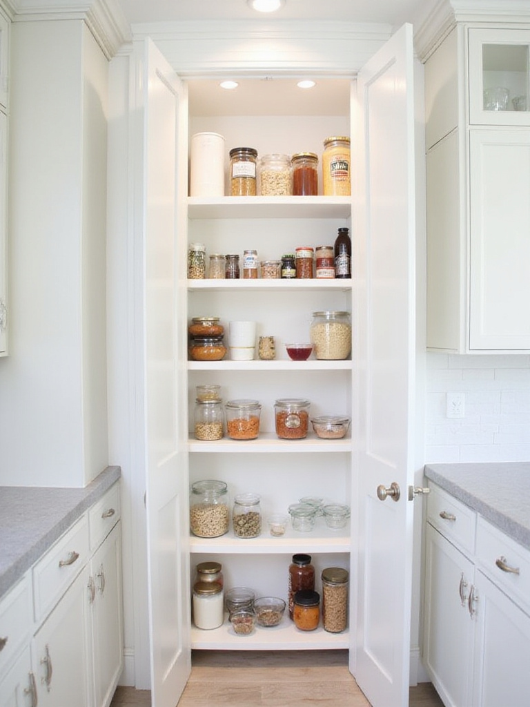 Well-organized kitchen pantry cabinet with labeled shelves and clear storage containers.