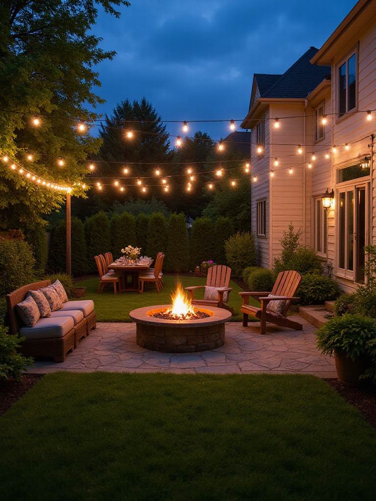 Backyard oasis with string lights and fire pit, ready for outdoor entertaining