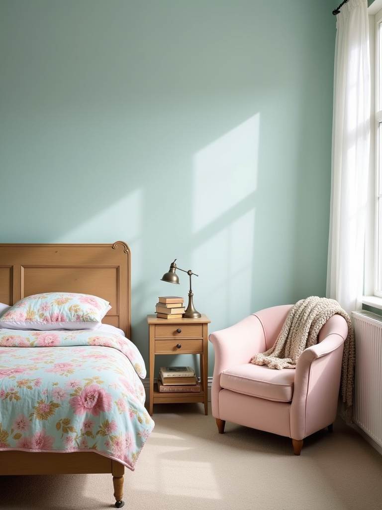 Vintage bedroom with pastel blue walls, floral quilt, and pink armchair.