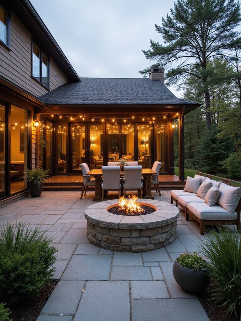 Beautiful patio with outdoor seating, dining area, and fire pit extending from a modern house.
