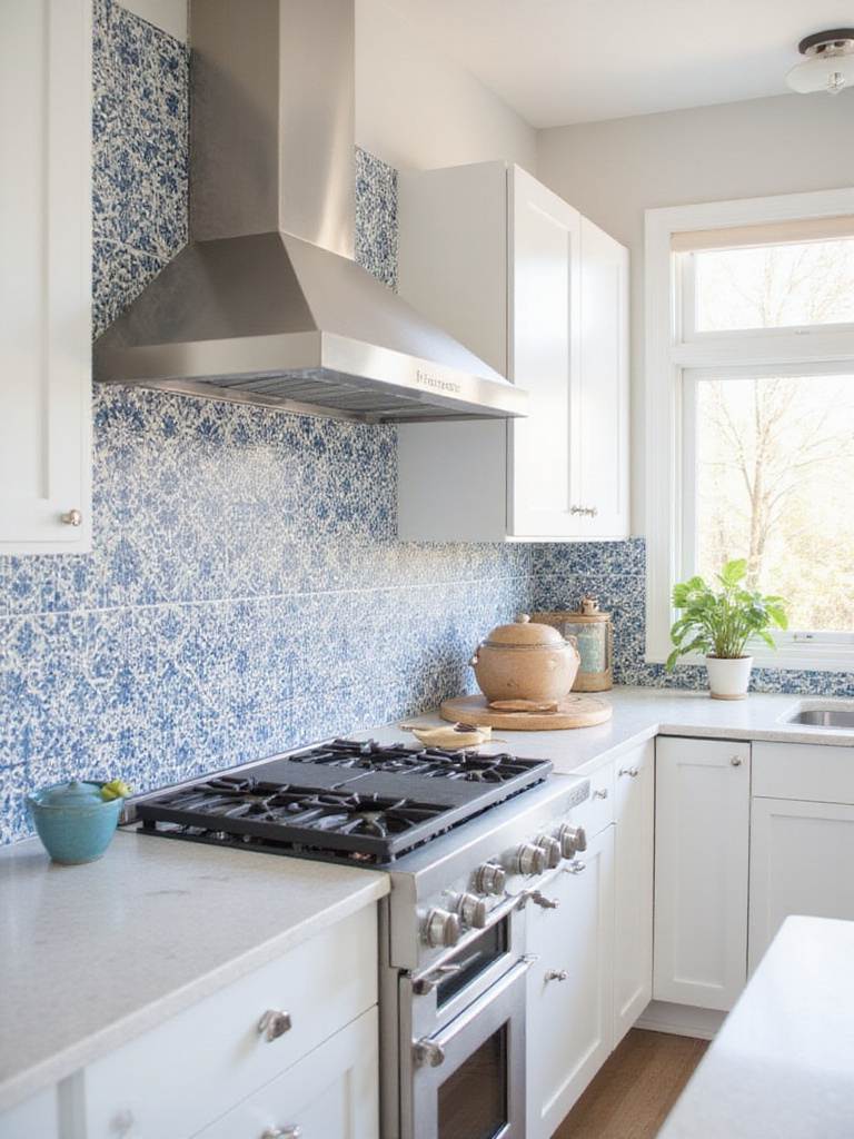 Modern kitchen with intricate cement tile backsplash