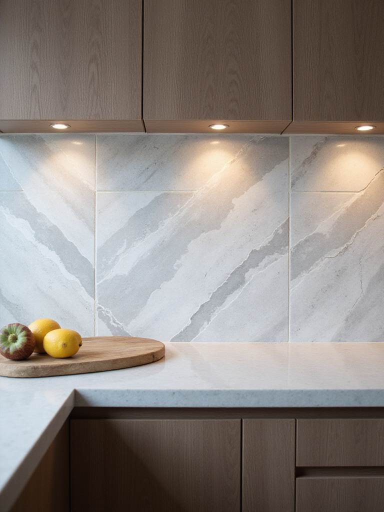 Contemporary kitchen with geometric patterned backsplash