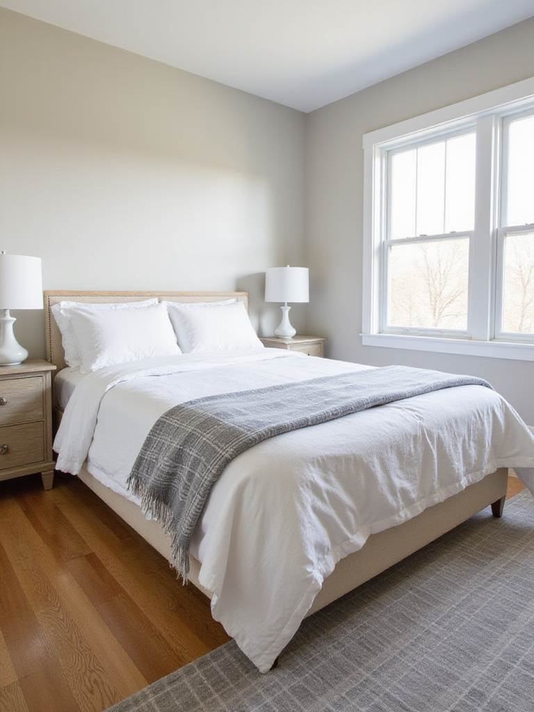 Farmhouse bedroom with checkered throw blanket and plaid rug