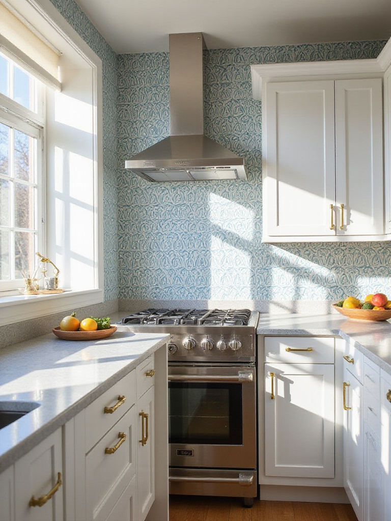 Blue geometric wallpaper accent wall in modern white kitchen