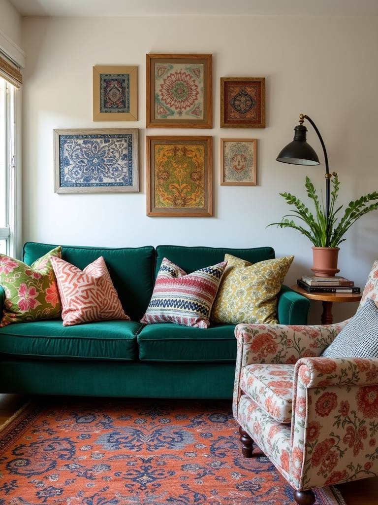 Eclectic living room showcasing a mix of floral, geometric, and paisley patterns in throw pillows, upholstery, and rugs.