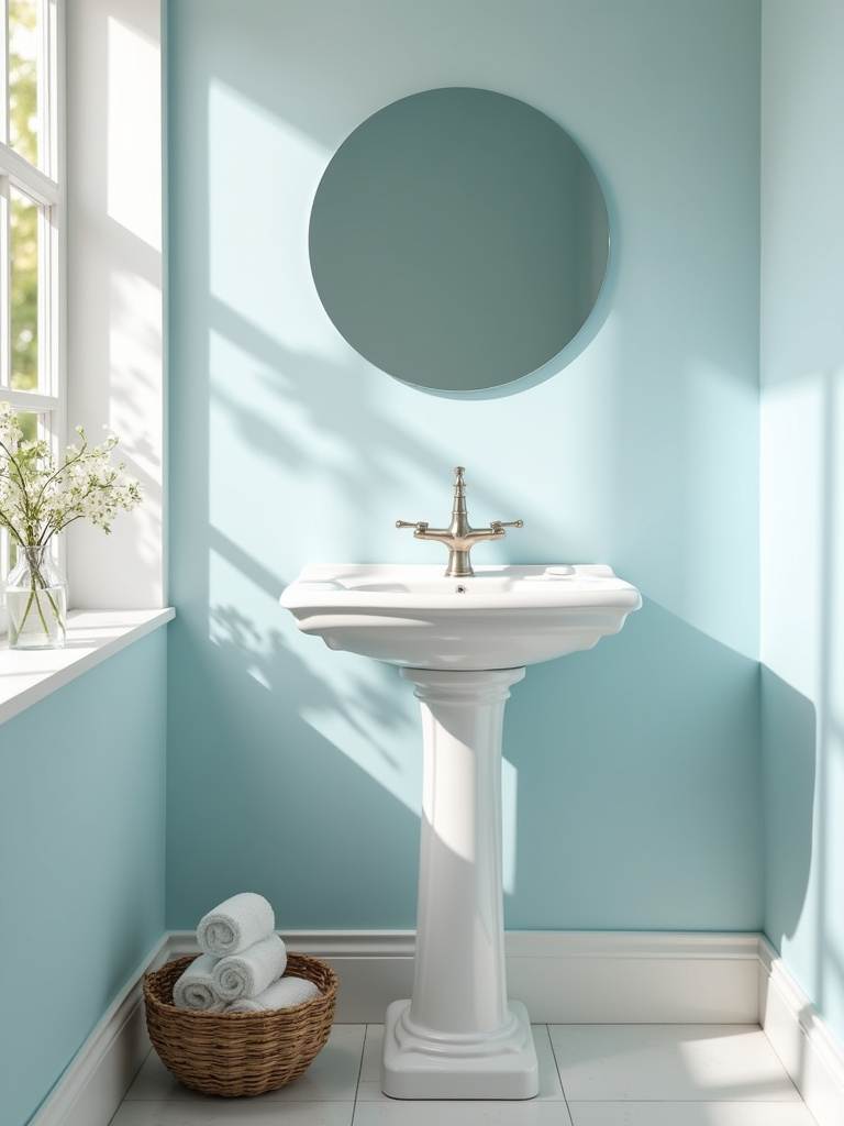 Elegant white pedestal sink in a bright and airy bathroom, showcasing a space-saving design.