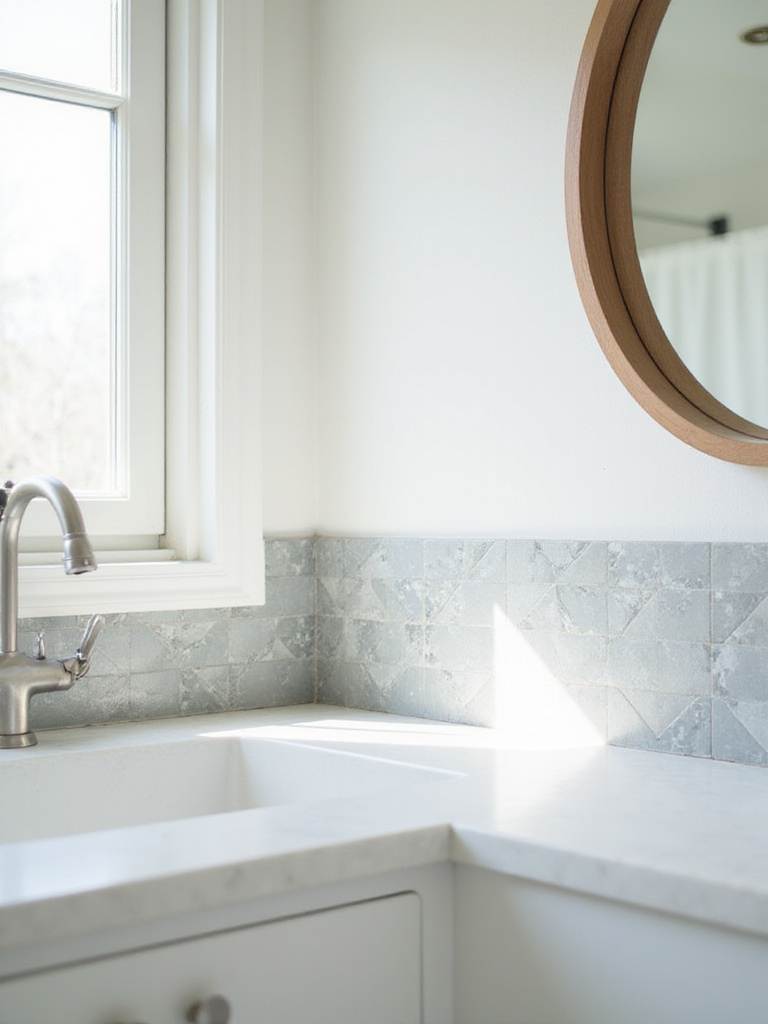 Modern bathroom backsplash featuring geometric peel-and-stick tiles.
