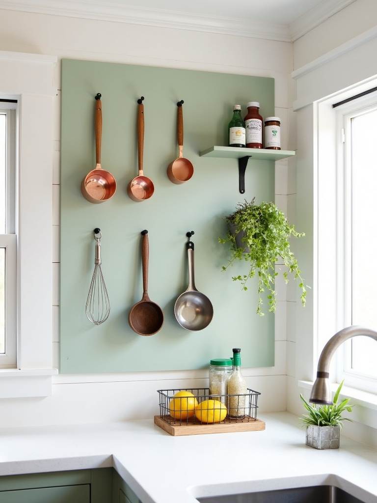 Stylish sage green pegboard organizer on a kitchen wall with copper measuring cups, herbs, and spice jars.