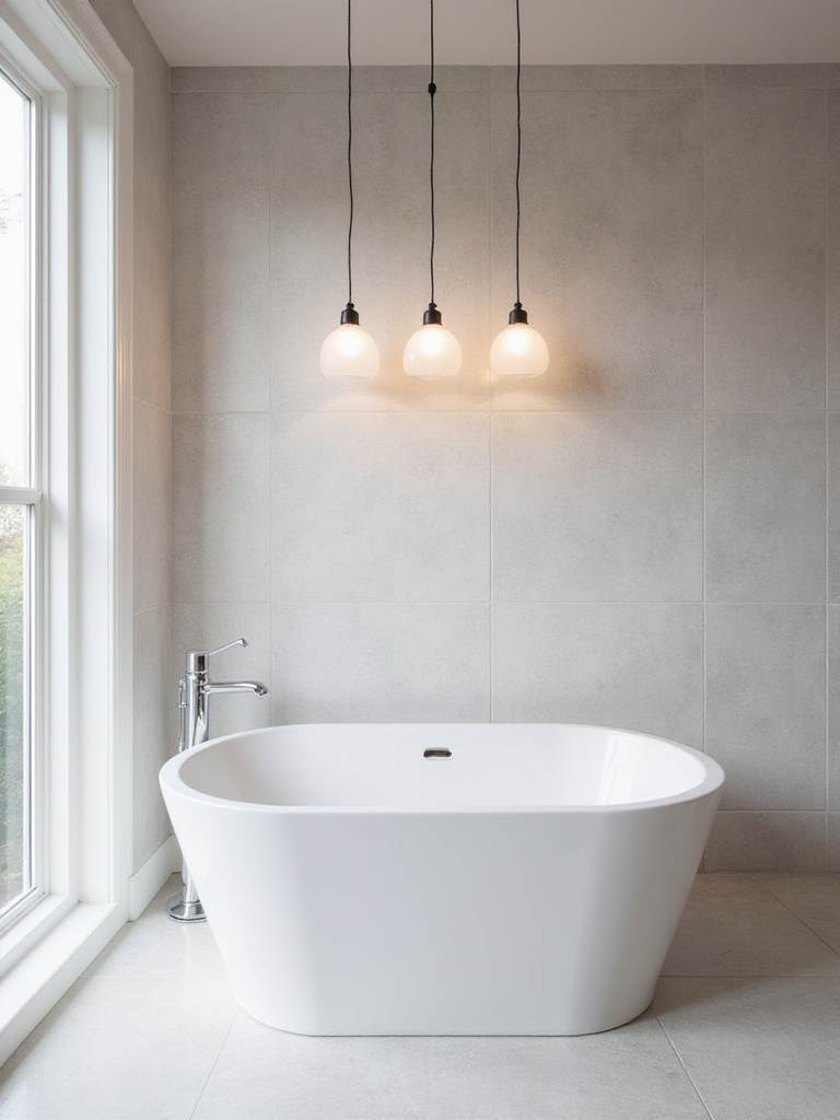 Modern bathroom with freestanding tub and three frosted glass pendant lights hanging above.