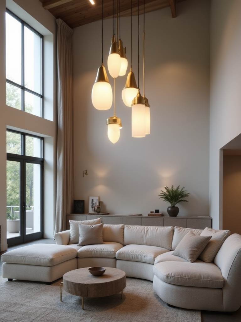 Living room with modern sectional sofa and cluster of brass and frosted glass pendant lights