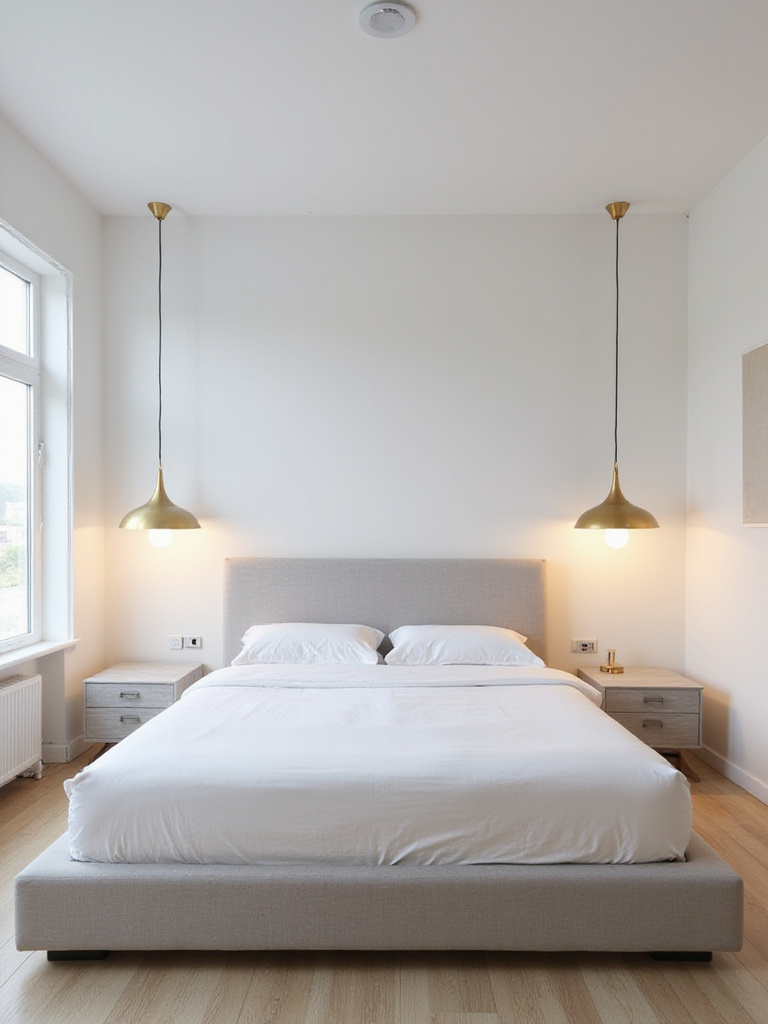 Modern bedroom with pendant lights instead of bedside lamps