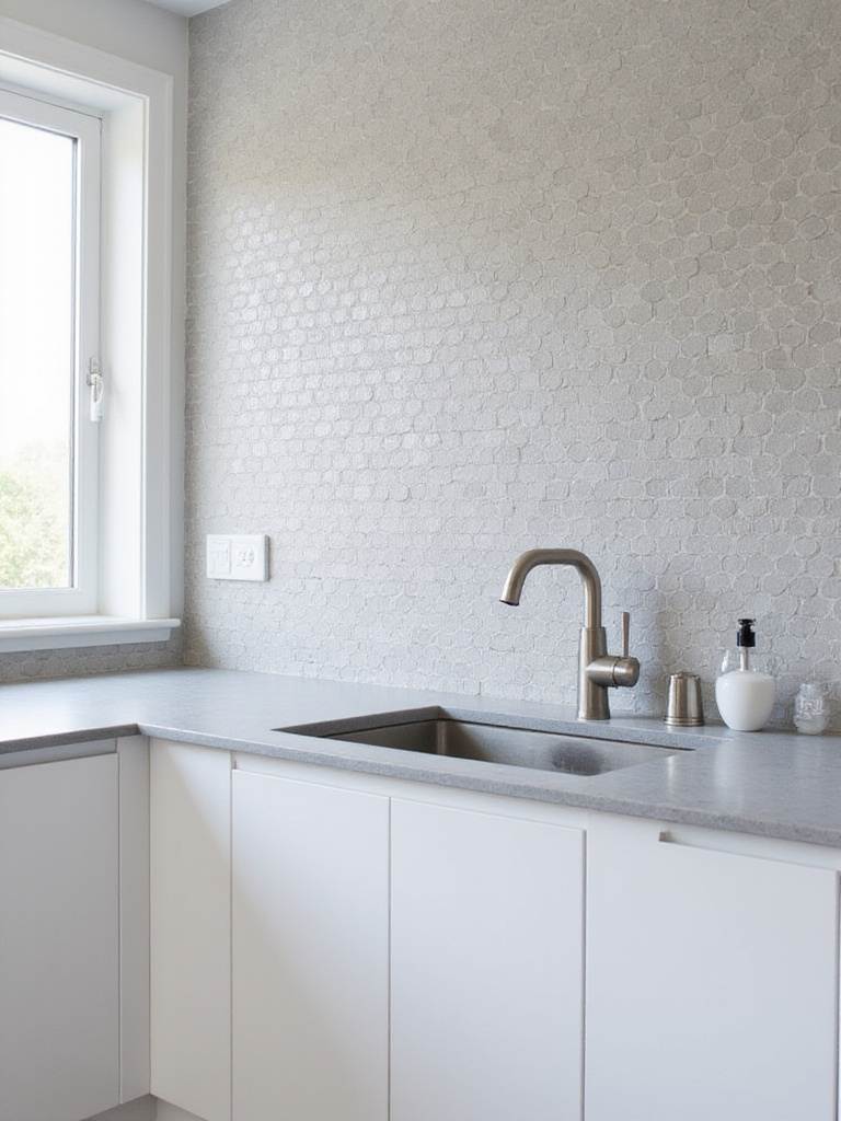 Modern kitchen backsplash featuring gray ombre penny tiles