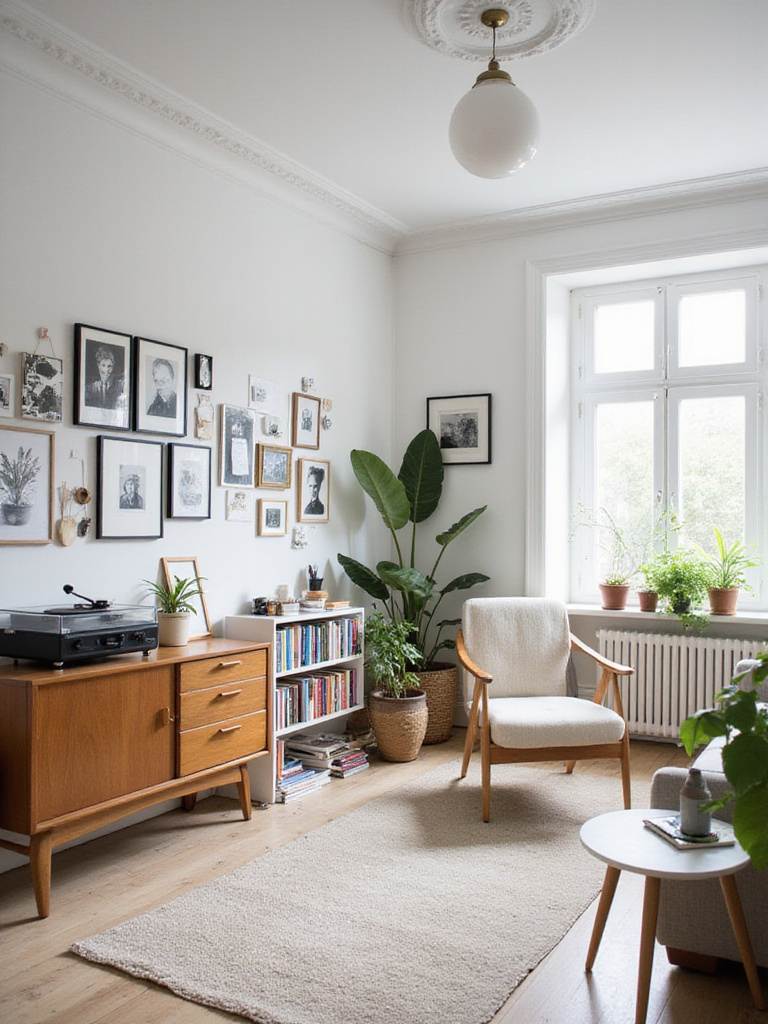 Scandinavian living room with a gallery wall showcasing personal photographs and curated objects.