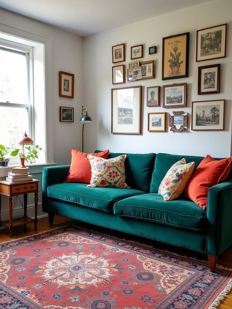 Eclectic living room design showcasing personal style with colorful pillows, vintage rug, and gallery wall.