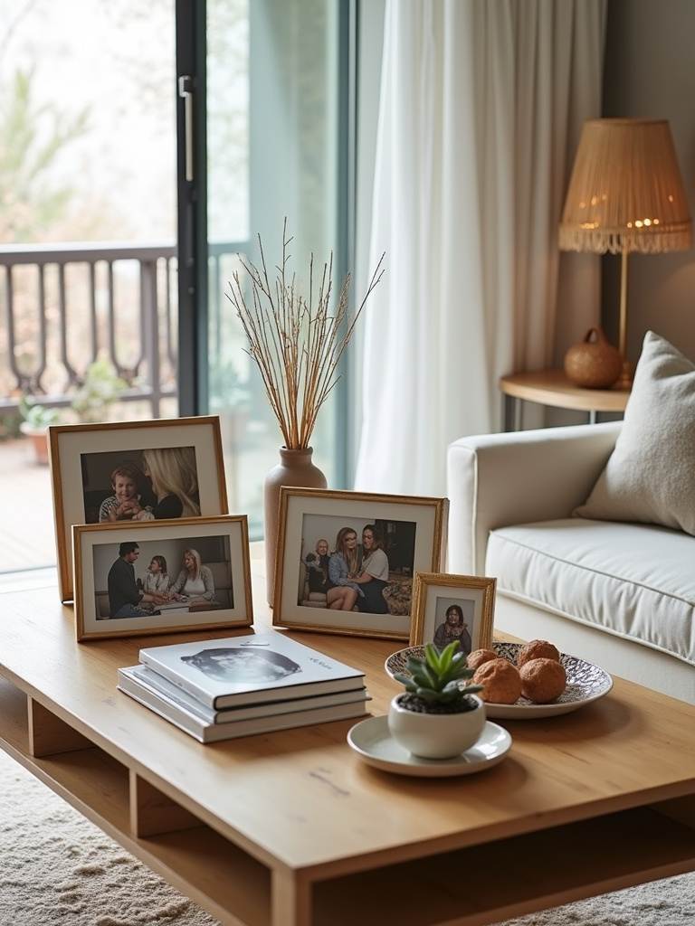 Coffee table styled with framed family photos, books, and plants in a modern living room.