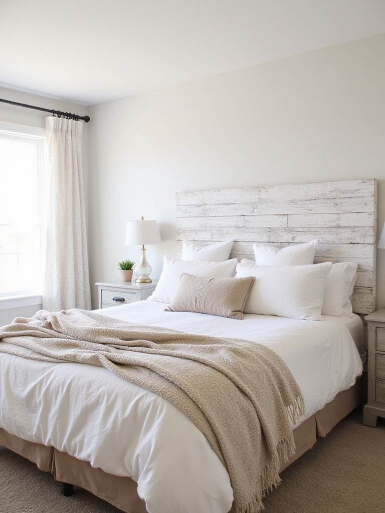 Farmhouse bedroom with a DIY pallet wood headboard