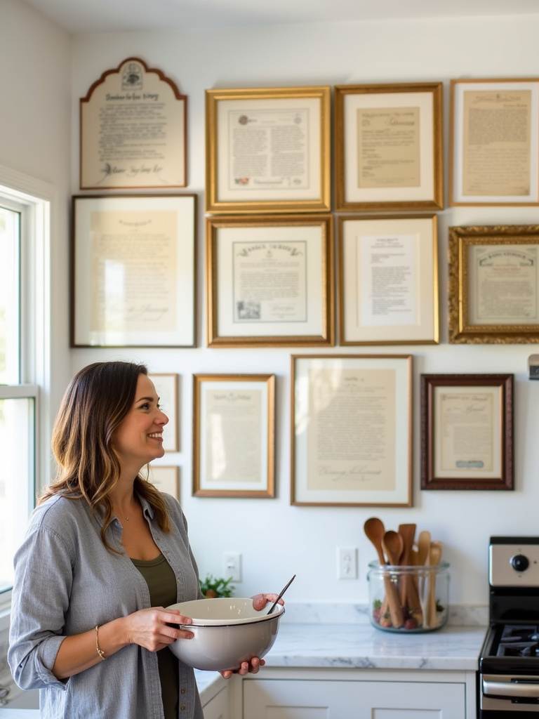 Kitchen wall decor featuring framed family recipes, creating a personalized and nostalgic atmosphere.