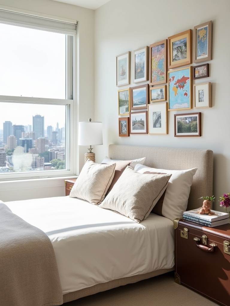 Personalized bedroom with gallery wall showcasing travel mementos and family photos.