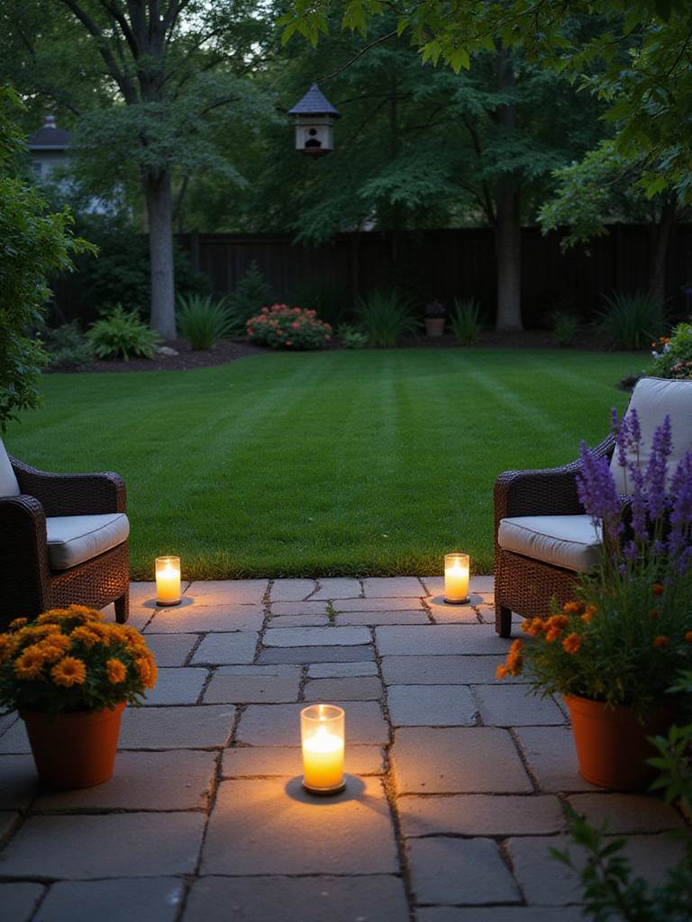 Backyard patio with citronella candles and pest-repelling plants, creating a pest-free outdoor oasis.