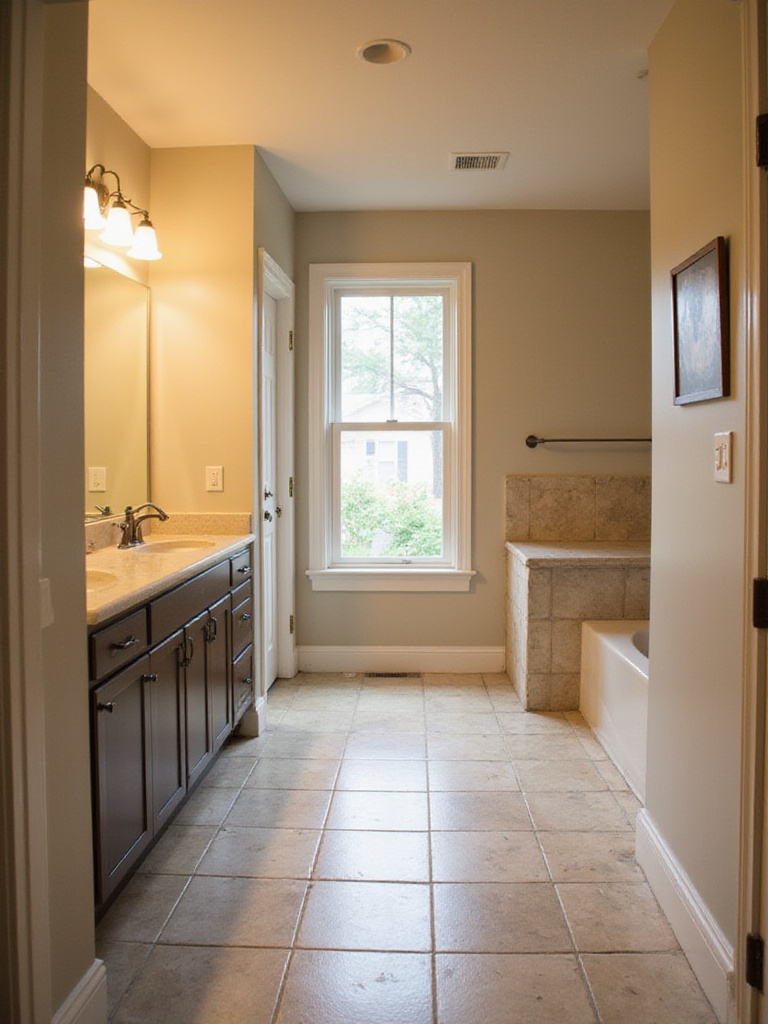 Partially remodeled bathroom showing a new vanity next to old flooring, illustrating a phased remodel approach.