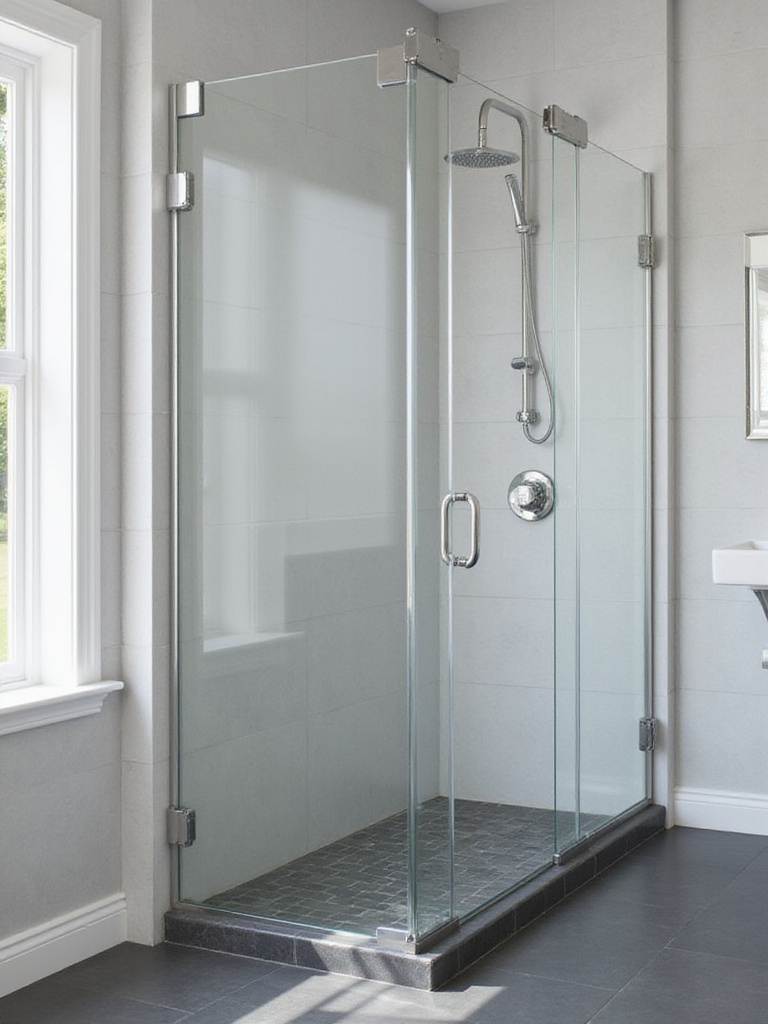 Modern bathroom with frameless pivot shower door and light grey tiles.