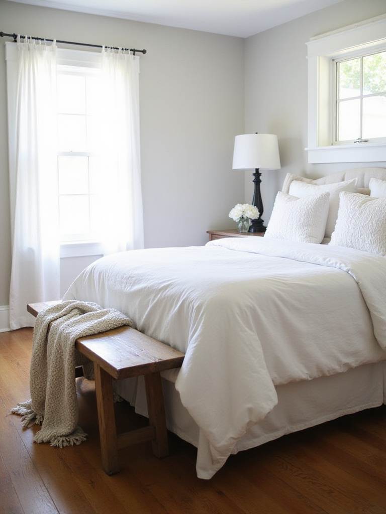Farmhouse bedroom featuring a rustic wooden bench at the foot of a queen-sized bed