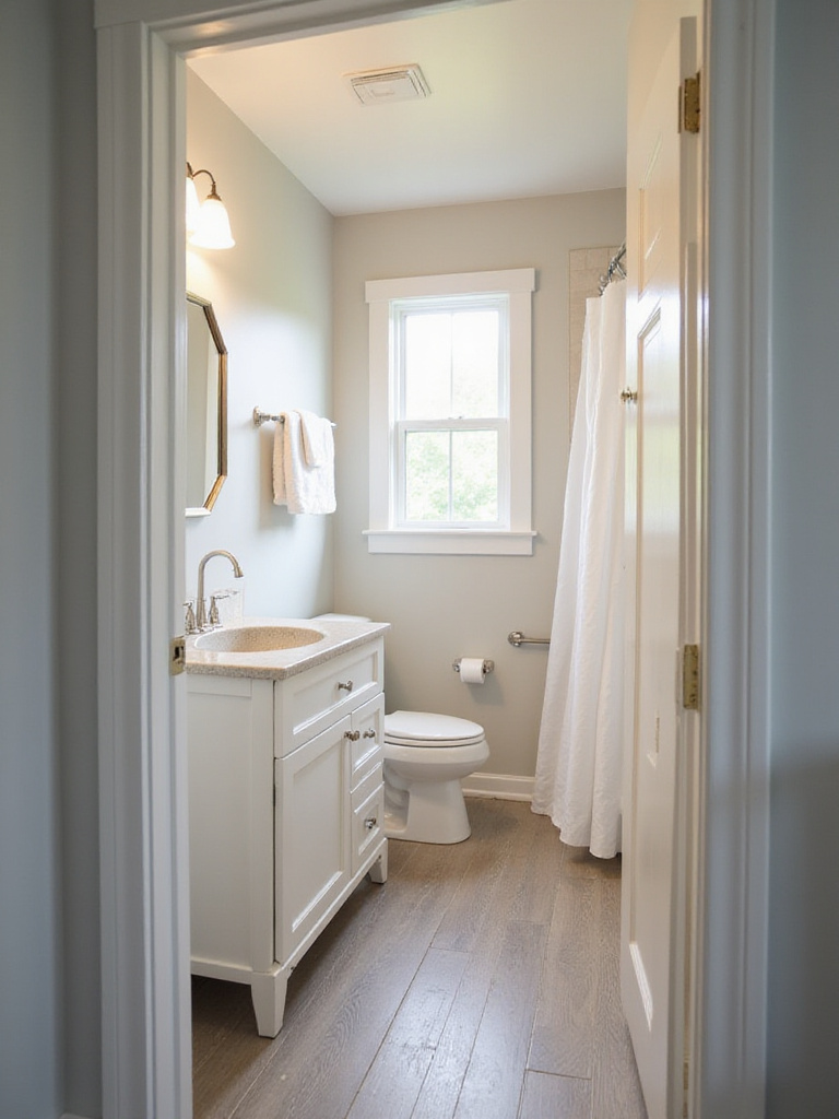 Modern bathroom remodel showcasing updated fixtures and finishes while retaining the original plumbing layout to save money.