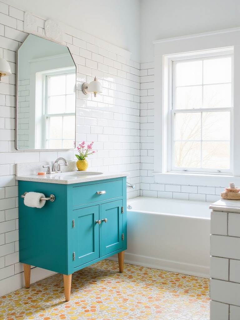 Modern bathroom with teal vanity and colorful patterned tile floor.