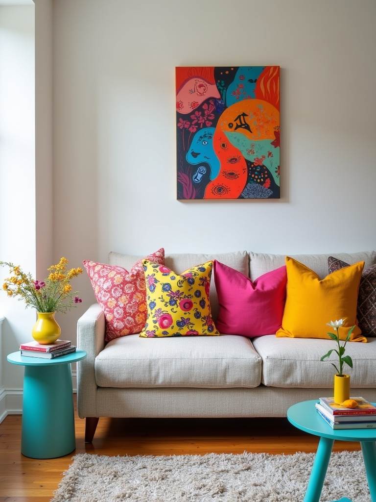 Eclectic living room with neutral sofa and vibrant throw pillows, showcasing a pop of unexpected color