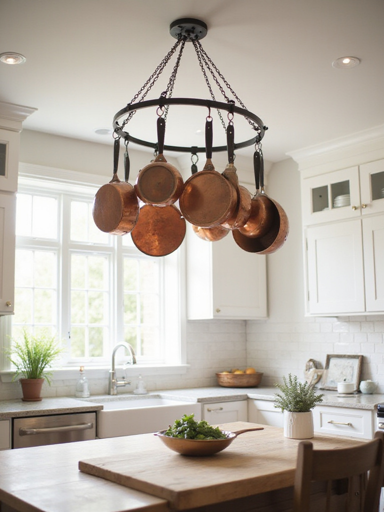 Ceiling-mounted pot rack with copper cookware in a modern farmhouse kitchen.