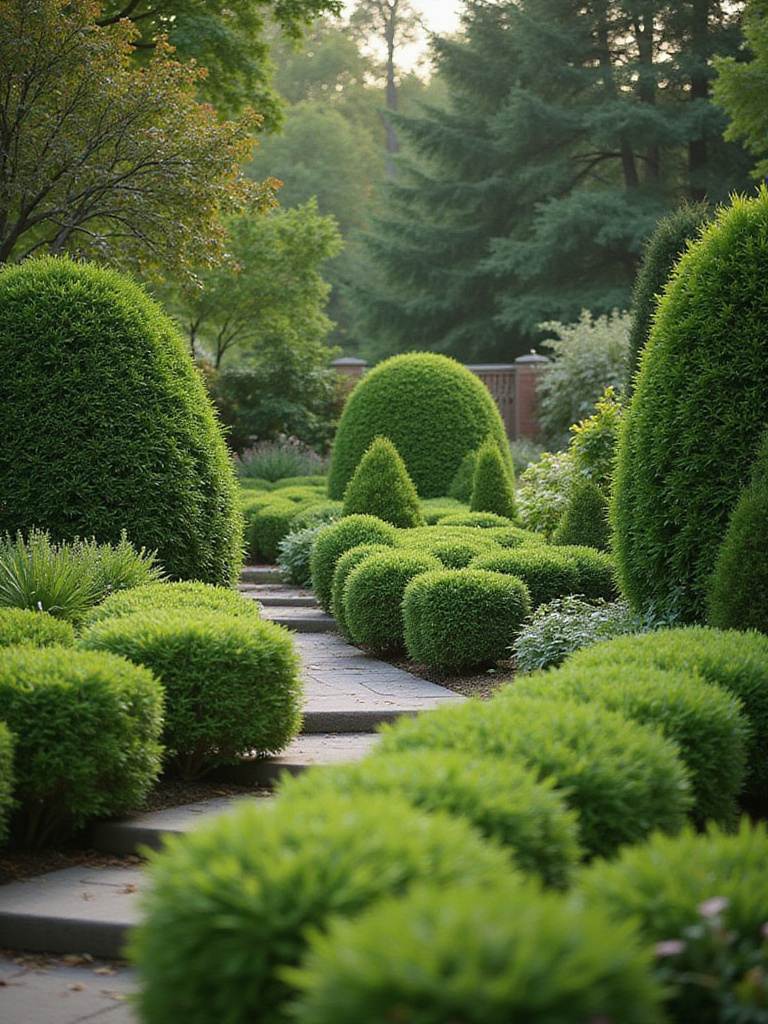 Beautifully pruned shrubs and trees in a lush garden, creating a peaceful outdoor oasis.