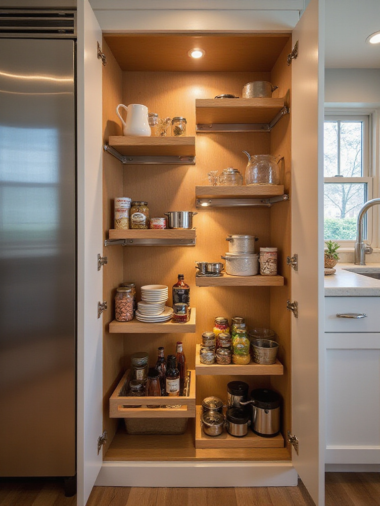 Kitchen cabinet with wooden pull-out shelves showcasing organized cookware and pantry items.