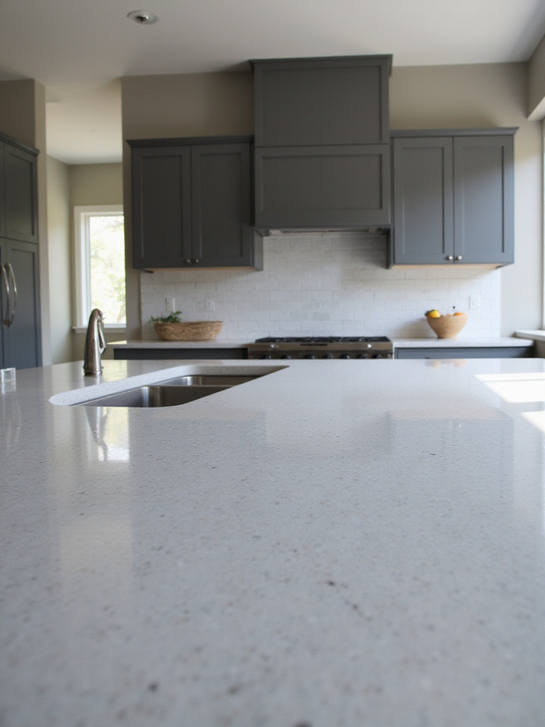 Modern kitchen with light grey quartz countertops and waterfall island