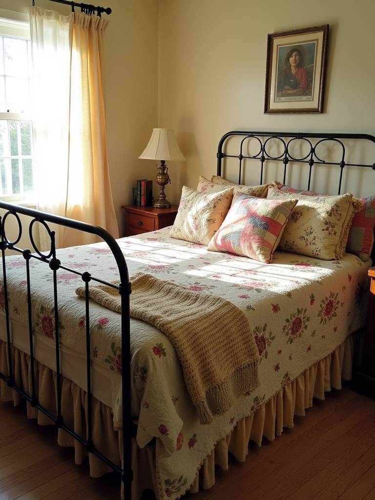 Vintage bedroom with layered vintage quilts and throws on a wrought-iron bed.