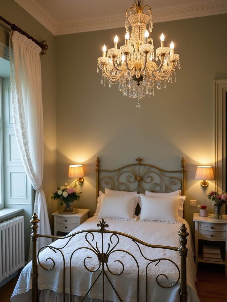 Vintage bedroom with crystal chandelier and ornate lighting creating a dreamy atmosphere