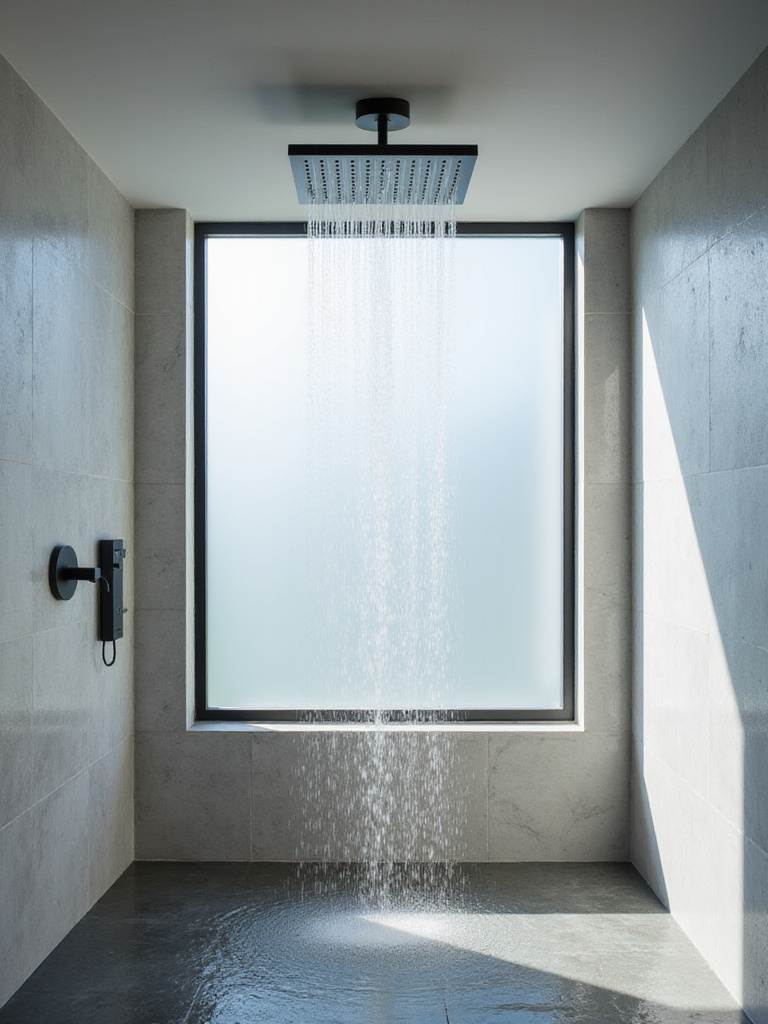 Modern bathroom shower featuring a rainfall shower head and stone tile.